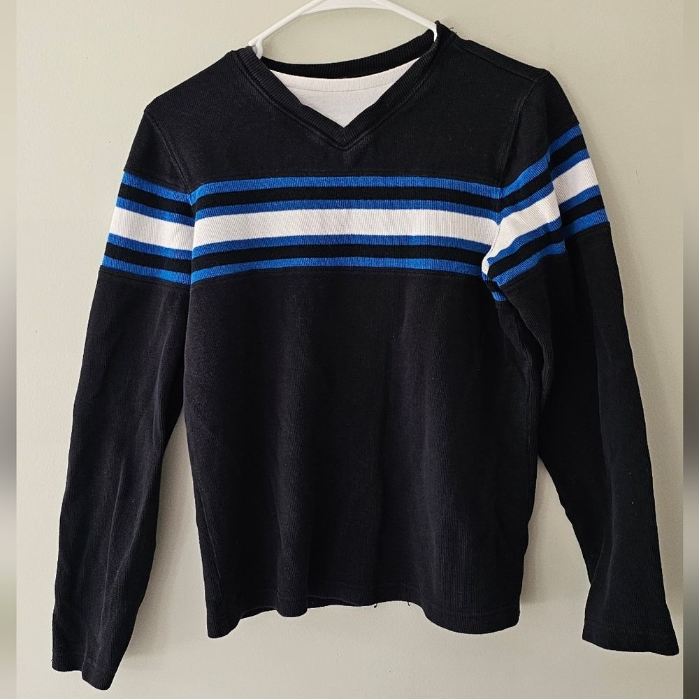 Urban Pipeline Black V-neck Sweater With Blue And White Stripes Boys XL